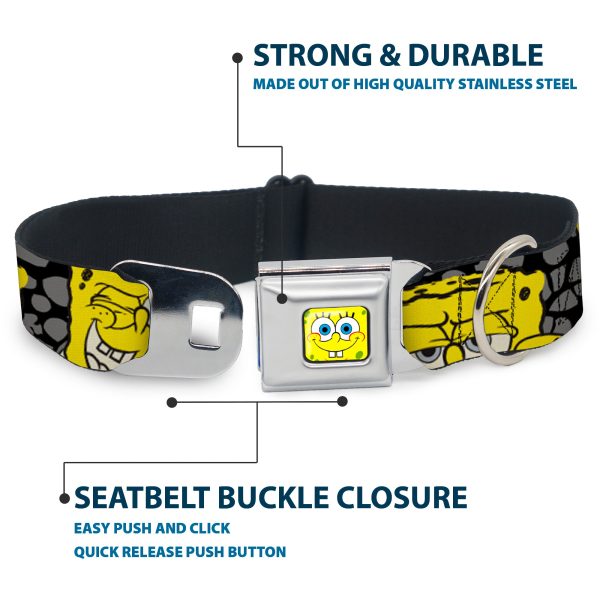 SpongeBob Face CLOSE-UP Full Color Seatbelt Buckle Collar - SpongeBob 4-CLOSE-UP Expressions Crackle Black Gray Yellow For Cheap - Image 4