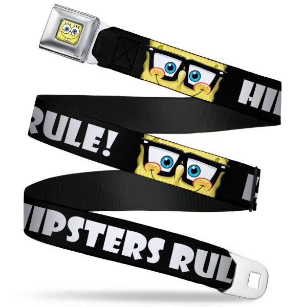 Sponge Bob Face CLOSE-UP Full Color Seatbelt Belt - SpongeBob Nerd HIPSTERS RULE! Black White Webbing Fashion