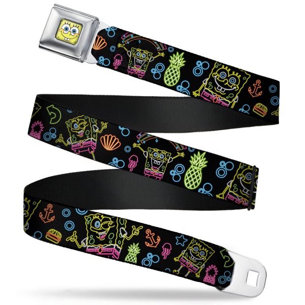 Sponge Bob Face CLOSE-UP Full Color Seatbelt Belt - Electric SpongeBob Poses Elements Black Multi Color Webbing Online now